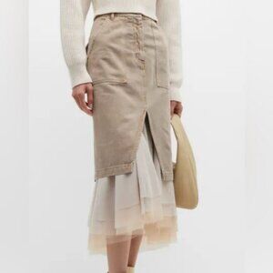 NWOT Le Superbe Ms Benjamin Layered Khaki Midi skirt in denim SZ 0